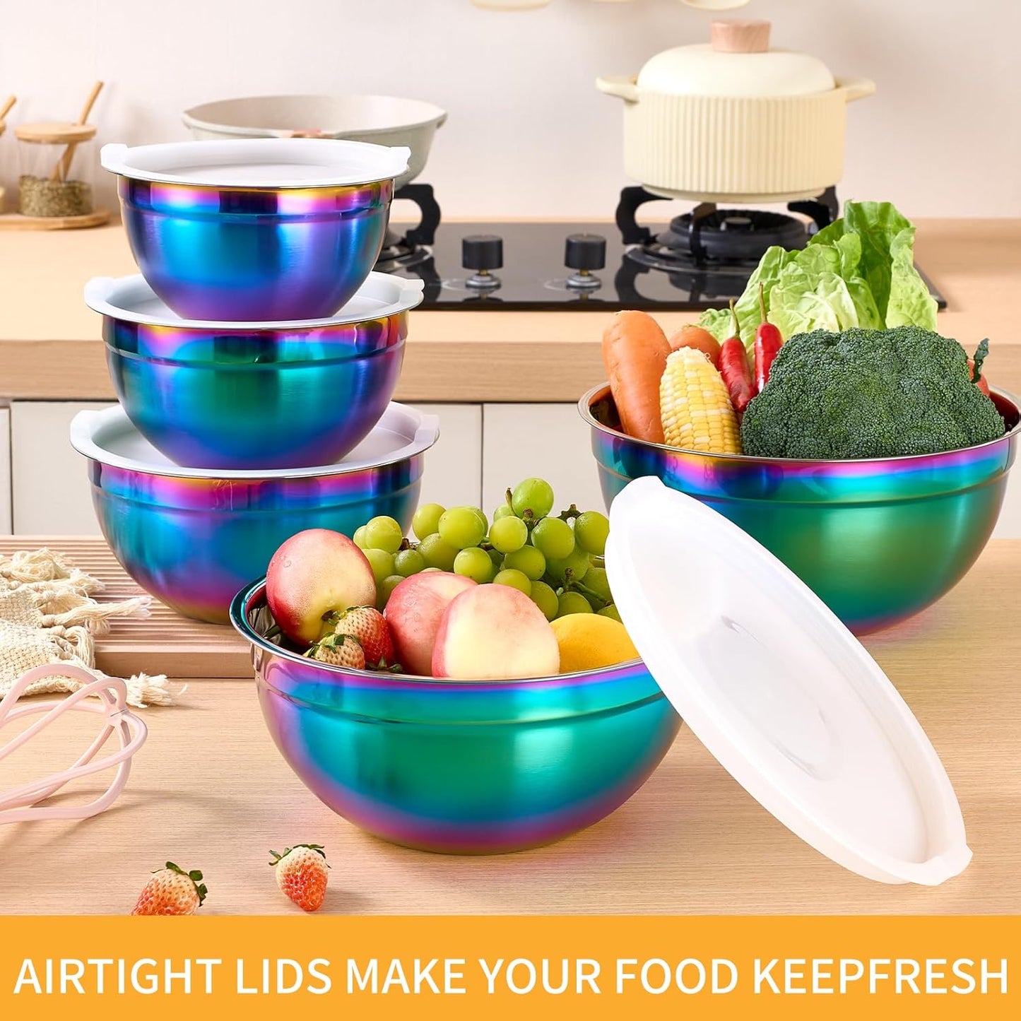 Gold Mixing Bowls With Airtight Lids,Stainless Steel Bowl,Salad Bowls 7 Piece Colorful Nesting Bowl Gold Kitchen Accessories,Size 7,3.6,2.7,2.1,1.5,1.1,0.8QT Stackable Design