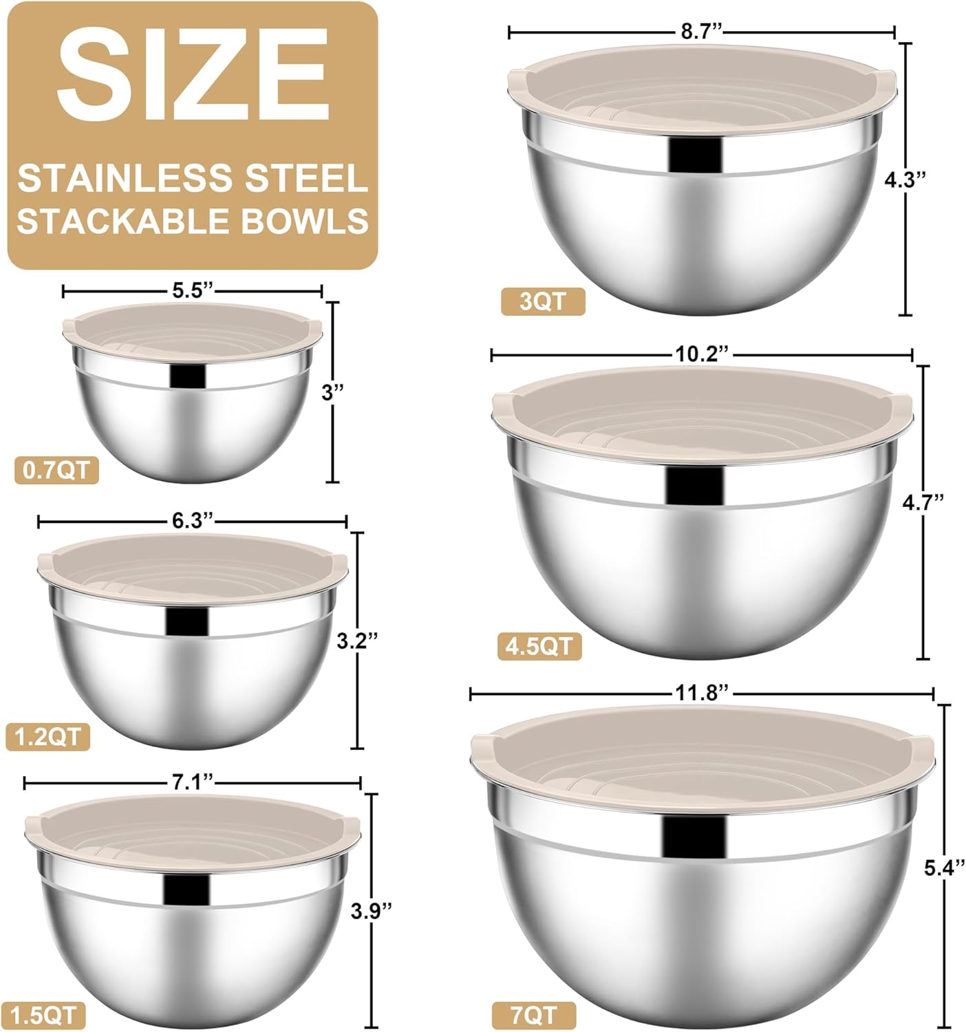 E-far Mixing Bowls with Lids, 6-Piece Stainless Steel Salad Bowls Metal Nesting Bowls for Baking Cooking and Prepping, Airtight Lids & Stackable Design, Size 4.5, 3, 1.5 QT (Black)