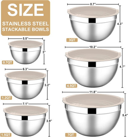 E-far Mixing Bowls with Lids, 6-Piece Stainless Steel Salad Bowls Metal Nesting Bowls for Baking Cooking and Prepping, Airtight Lids & Stackable Design, Size 4.5, 3, 1.5 QT (Black)