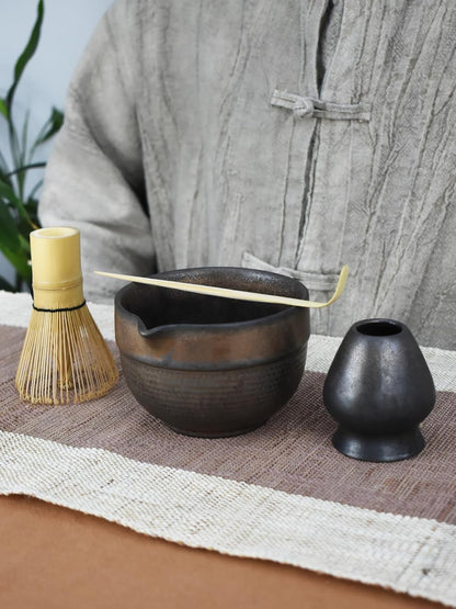 Artcome 4 Pcs Complete Matcha Ceremony Kit - Japanese Bowl With Pouring Spout, Whisk, Holder, Scoop - Tea Set for Making Usucha, Koicha and Latte (Green)