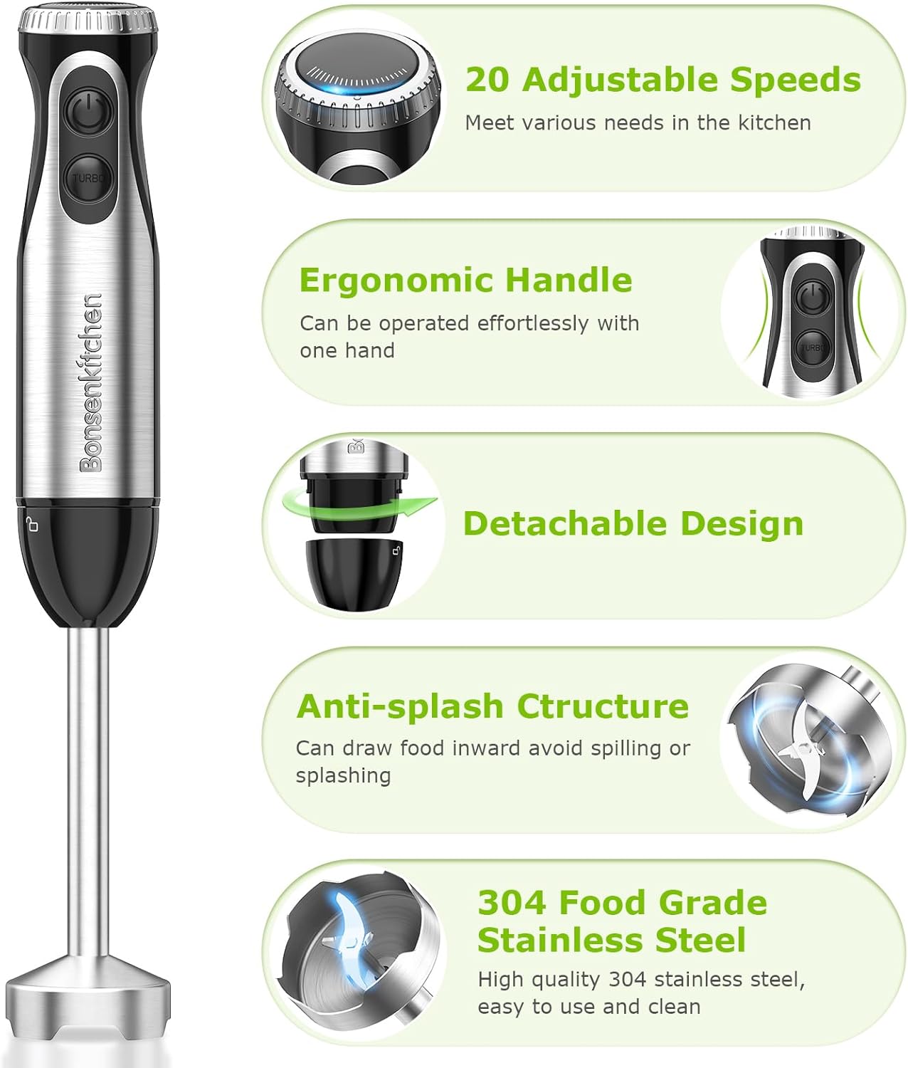 Bonsenkitchen Immersion Blender Handheld with Food Processor, 20 Speeds Hand Blender with Turbo Mode, Stainless Steel Blade, Egg Whisk, Beaker & Chopper Bowl, Hand Mixer for Smoothie, Soup, Baby Food