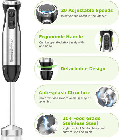Bonsenkitchen Immersion Blender Handheld with Food Processor, 20 Speeds Hand Blender with Turbo Mode, Stainless Steel Blade, Egg Whisk, Beaker & Chopper Bowl, Hand Mixer for Smoothie, Soup, Baby Food