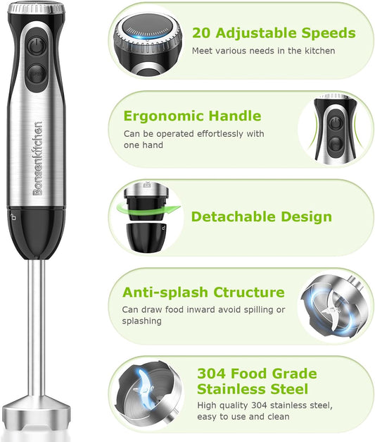 Bonsenkitchen Immersion Blender Handheld with Food Processor, 20 Speeds Hand Blender with Turbo Mode, Stainless Steel Blade, Egg Whisk, Beaker & Chopper Bowl, Hand Mixer for Smoothie, Soup, Baby Food