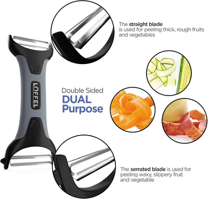 Peeler for Potato Vegetable Orange - Heavy Duty Double Sided Dual Purpose Non Slip Grip Apple Fruit Y Shaped with Ultra Sharp Stainless Steel Straight and Serrated Blades, Dishwasher Safe