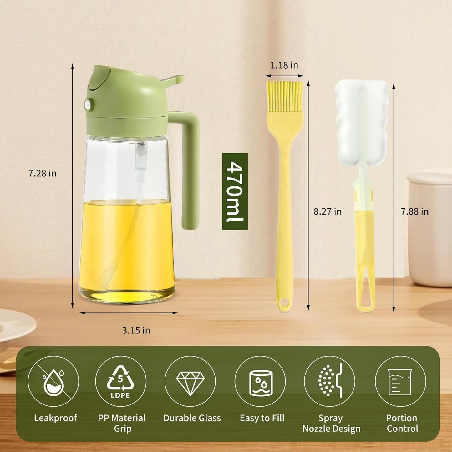 PLAPITATE 17oz/500ml Premium Olive Oil Sprayer for Cooking, 2 in 1 Glass Olive Oil Dispenser Bottle for Kitchen Gadgets, Spray Bottle with Portion Control for Salad, Frying, BBQ (Black)