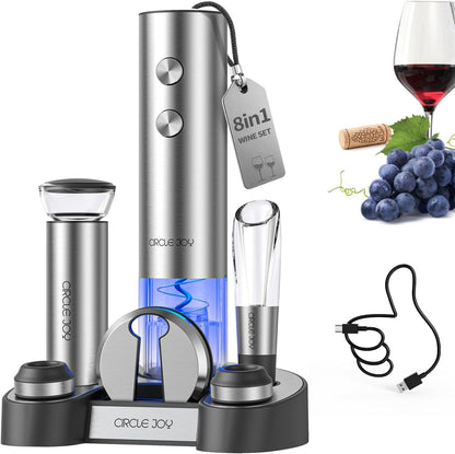 CIRCLE JOY Electric Wine Opener Stainless Steel Rechargeable Automatic Wine Bottle Opener Set 7-in-1 Wine Gifts for Wine Lovers with Charging Base, Foil Cutter, Wine Aerator Pourer & 2 Vacuum Stoppers