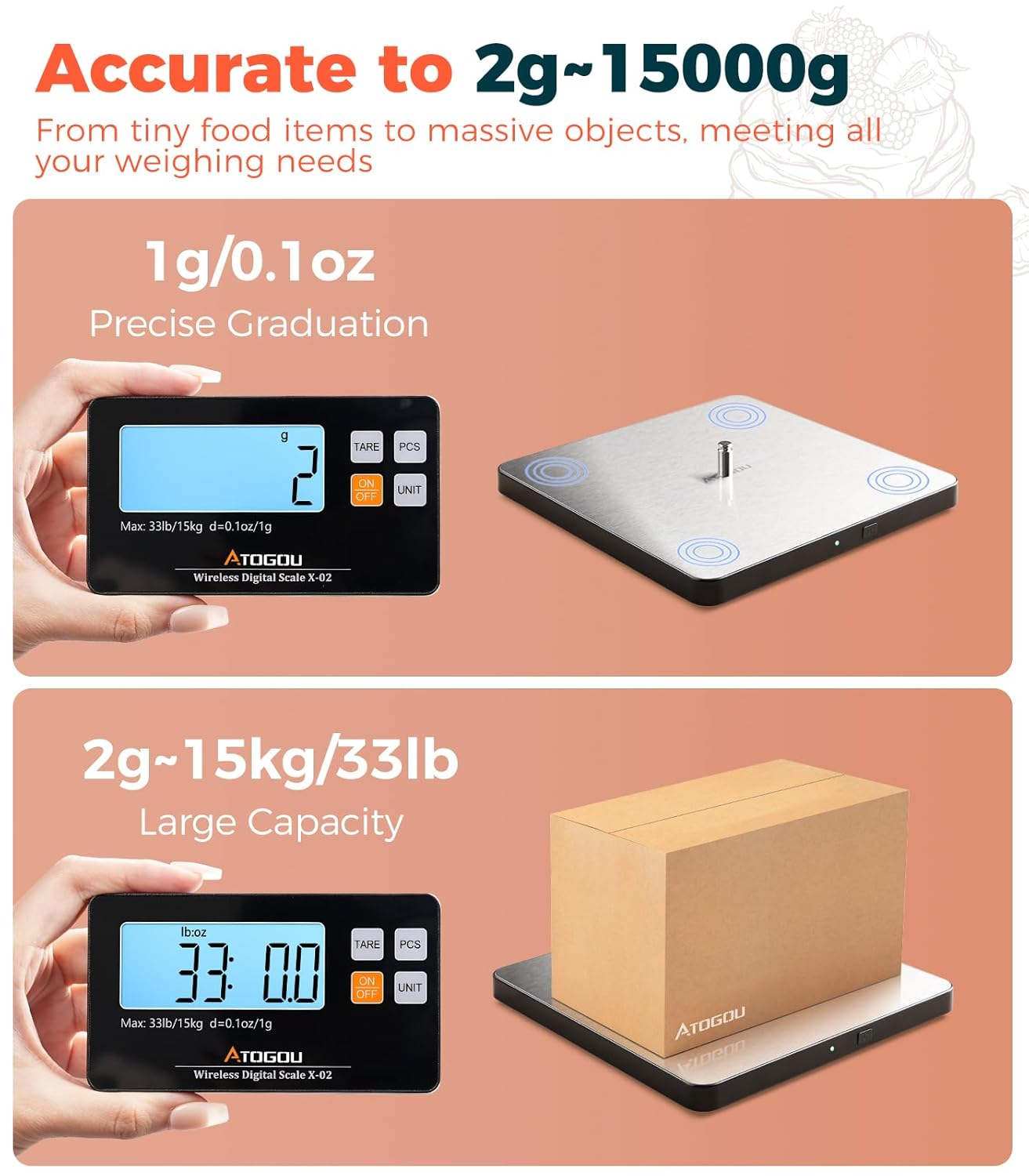 Atogou Upgraded Wireless Food Scale, 33lb/15kg Kitchen Scale with Detachable Display & Larger Platform, 0.1oz/1g, 9 Units, Counting Function, Stainless Steel, for Cooking, Baking, Shipping, Black