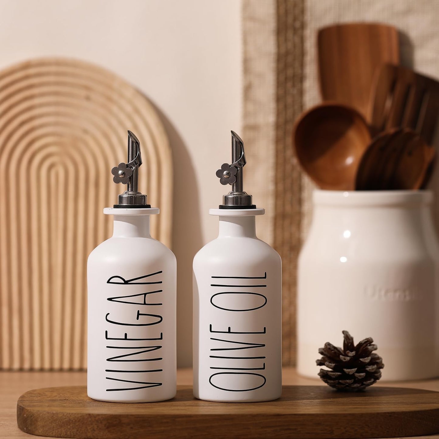 HOMCDALY Premium Olive Oil Dispenser for Kitchen, 11.8oz Glass Oil Bottles with Bamboo Tray, White and Gold Oil&Vinegar Cruet Set, Kitchen Dispenser Bottles with Pourer| Set of 2 (11.8oz –P–Gold)