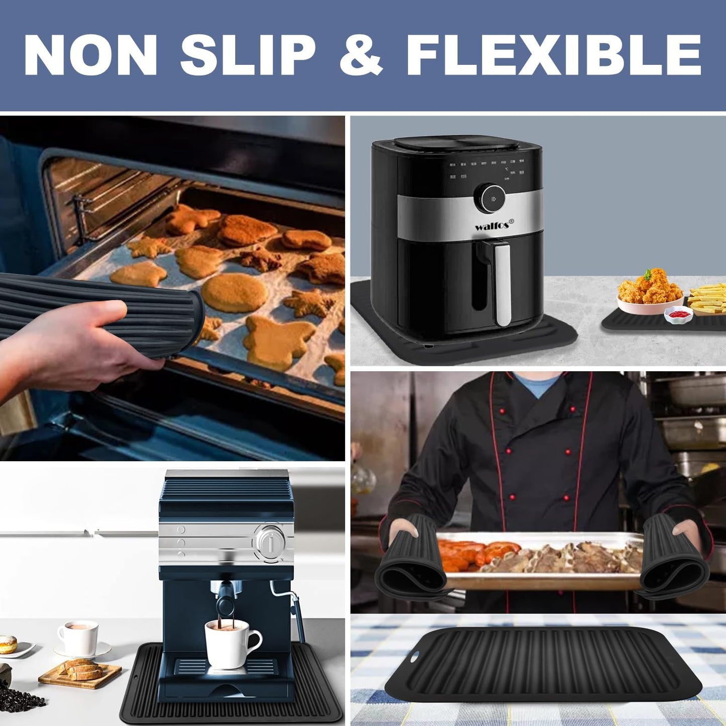 Walfos Silicone Trivet Mats - 4 Heat Resistant Pot Holders, Multipurpose Non-Slip Hot Pads for Kitchen Potholders, Hot Dishers, Jar Opener, Spoon Holder, Food Grade Silicone & BPA Free (Black)
