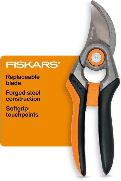 Fiskars Bypass Pruning Shears, 5/8" Cut Capacity Gardening Scissors, Self-Cleaning Sap Groove Prevents Sticking, Non-Slip Grip for Cutting Stems & Branches, Sharp Steel Blades w/ Low-Friction Coating