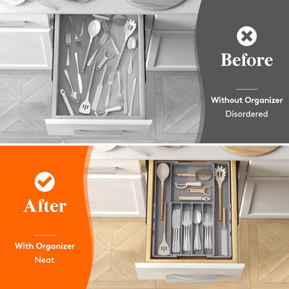 Lifewit Silverware Drawer Organizer, Expandable Utensil Tray for Kitchen, BPA Free Flatware and Cutlery Holder, Adjustable Plastic Storage for Spoons Forks Knives, 4-7 Slots, Black