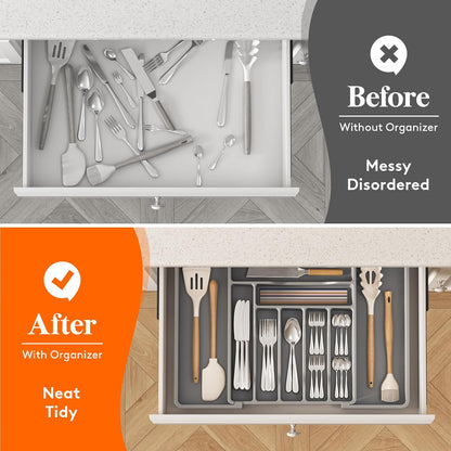 Lifewit Utensil Organizer for Kitchen Drawer, Expandable Cooking Silverware Tray, Adjustable Cutlery Flatware Holder, Plastic Spatula Tools Storage Divider, 14.4 x 15.8", Black