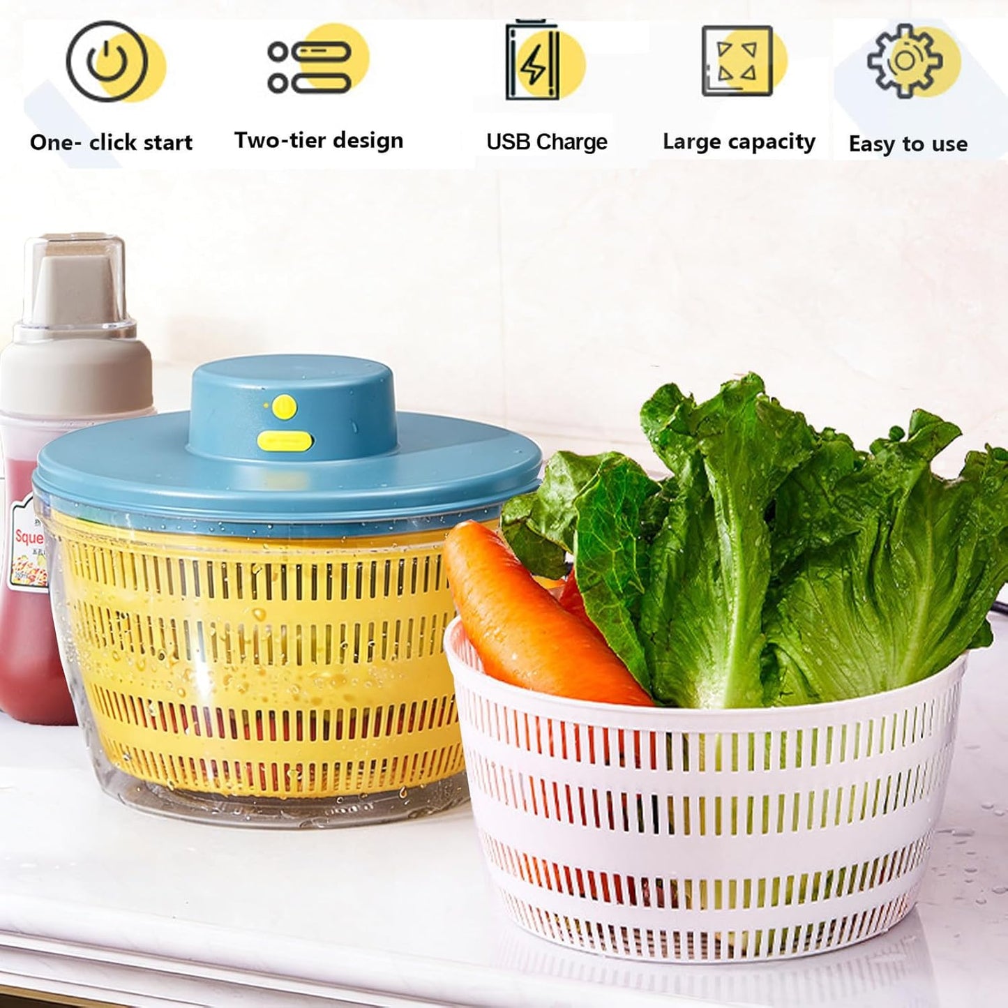 Electric Salad Spinner, 4L Wireless USB Salad Spinner Dehydrator for Fruit Vegetables, Large Capacity Salad Vegetable Dryer, Quick Drainage Electric Mixer White