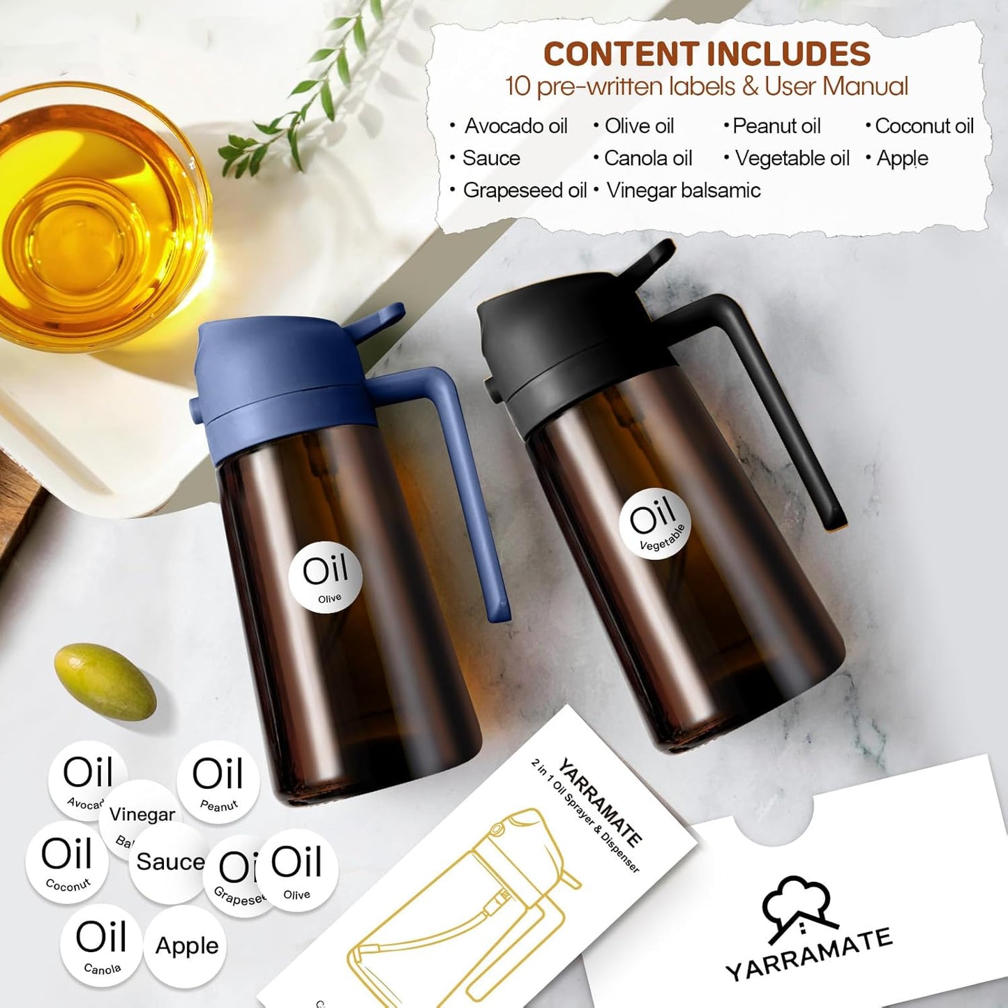 YARRAMATE 2Pcs 16oz/470ml Dark Brown Oil Sprayer for Cooking with Stickers, Food-grade Premium 2 in 1 Olive Oil Dispenser Bottle for Kitchen Gadgets, Air Fryer, Salad, Frying, BBQ (Black&OliveGreen)