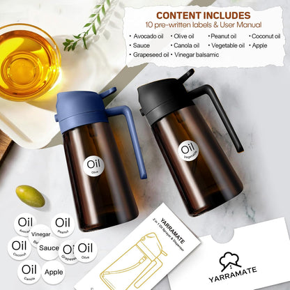 YARRAMATE 16oz/470ml Light Blocking Oil Sprayer for Cooking with Stickers, Food-Grade 2 in 1 Olive Oil Dispenser Bottle for Kitchen, Premium Dark Amber Glass Oil Bottle for Air Fryer, BBQ (Black)