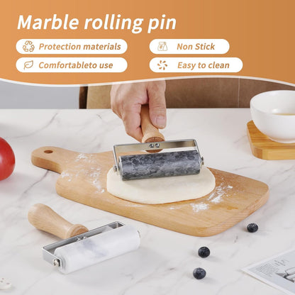 Small Marble Rolling Pin Pizza Roller with Dough Scraper Cutter, Marble Roller Non-Stick T-Type, For Cake Baking Tortilla Fudge Pizza Cookies and Other Kitchen Baking Cooking(White)