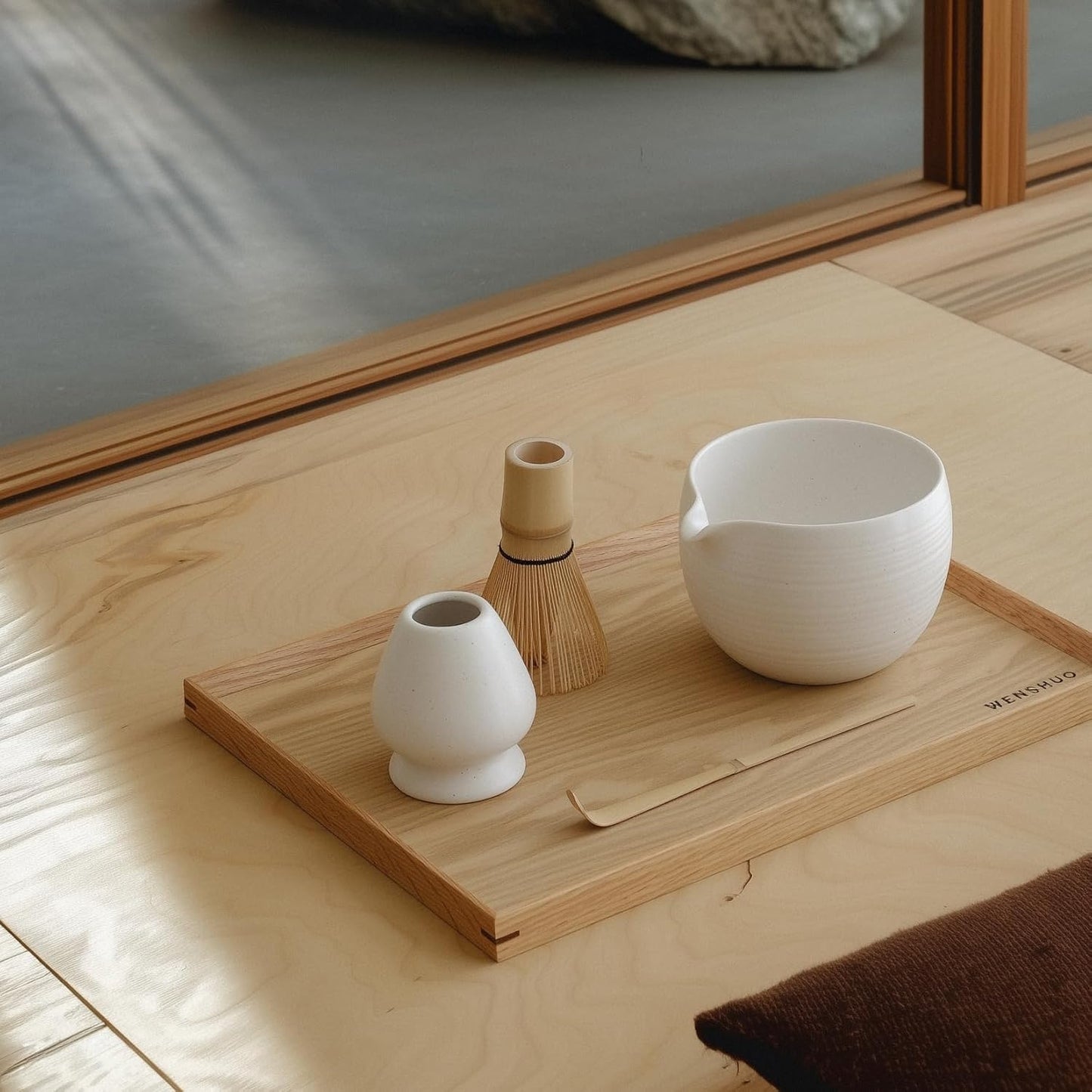 Matcha Whisk Set, Ceramic Matcha Bowl & Whisk Holder, Bamboo Accessory, Modern Design (Matte Crème, Pouring Spout) (Matte Crème)