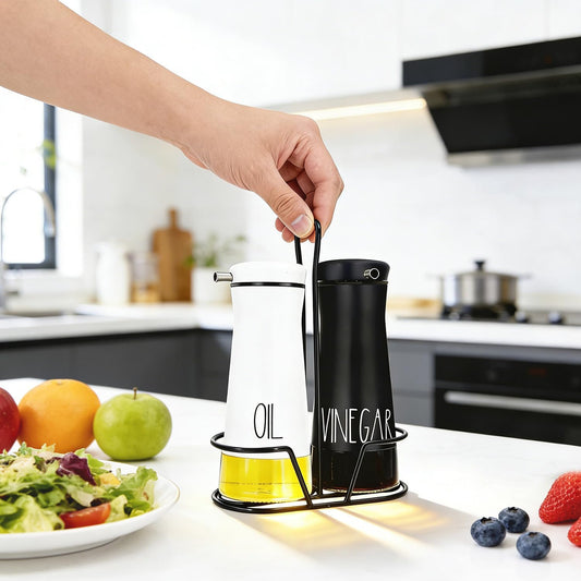 Aelga Oil And Vinegar Dispenser Set with Caddy - 2 Pack Oil Dispenser Bottle for Kitchen with No-Drip - Kitchen Decor and Accessories for Home Restaurants Weddings