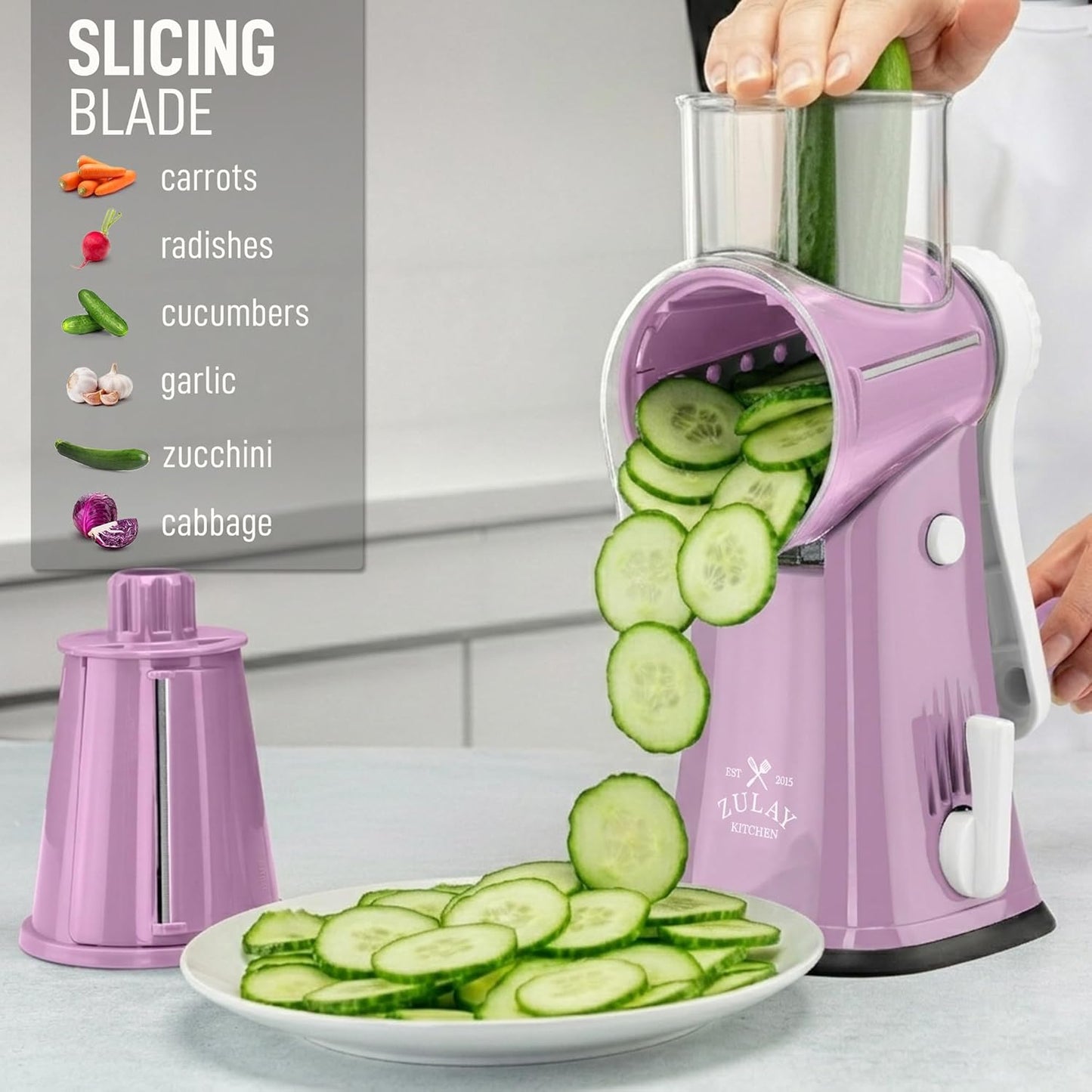 Zulay Kitchen Rotary Cheese Grater 5 Blade Cheese Shredder - Manual Hand Crank Cheese Grater With Reinforced Suction & 5 Interchangeable Drums - Easy to Use, Vegetable Chopper Round Mandoline Slicer - Colors B