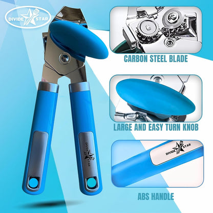 Manual Can Opener for Seniors Easy-Turn Knob, Cleaner Edge Cutting, Magnetic Lid Lifter, Heavy-Duty Carbon Steel Blade, Ergonomic Comfort Grip Blue