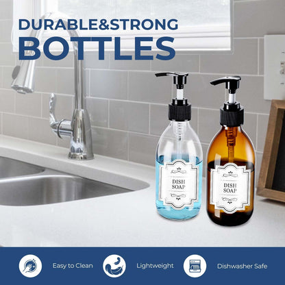 8 oz Amber Glass Pump Bottle, 250ml Glass Soap Dispenser Bottle for Body Lotion Massage Oil, Refillable Empty Hand and Dish Soap Dispensers Set with Labels - 2 Pack