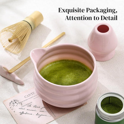 DOWAN Matcha Whisk Set, 7 Pcs Matcha Set Includes Bowl with Spout, Whisk and Holder, Bamboo Scoop and Holder, Sifter and Tea Towel - Matcha Kit Gift for Lovers Beginners (Pink)