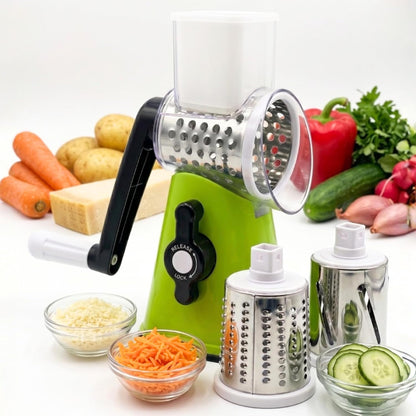 ICO Rotary Cheese Grater with Handle – Manual Vegetable Slicer & Round Shredder – 3 Interchangeable Stainless Steel Blades for Cheese, Nuts, Chocolate – Strong Suction Base Kitchen Mandoline