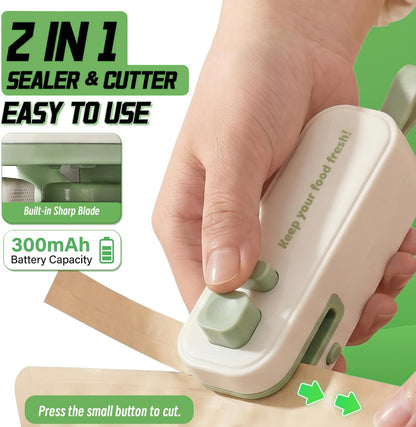 2 in 1 Mini Bag Sealer, Rechargeable Heat Sealer with Cutter and Magnet, Portable Chip Bag Resealer for Food Storage Snacks Freshness (Green)
