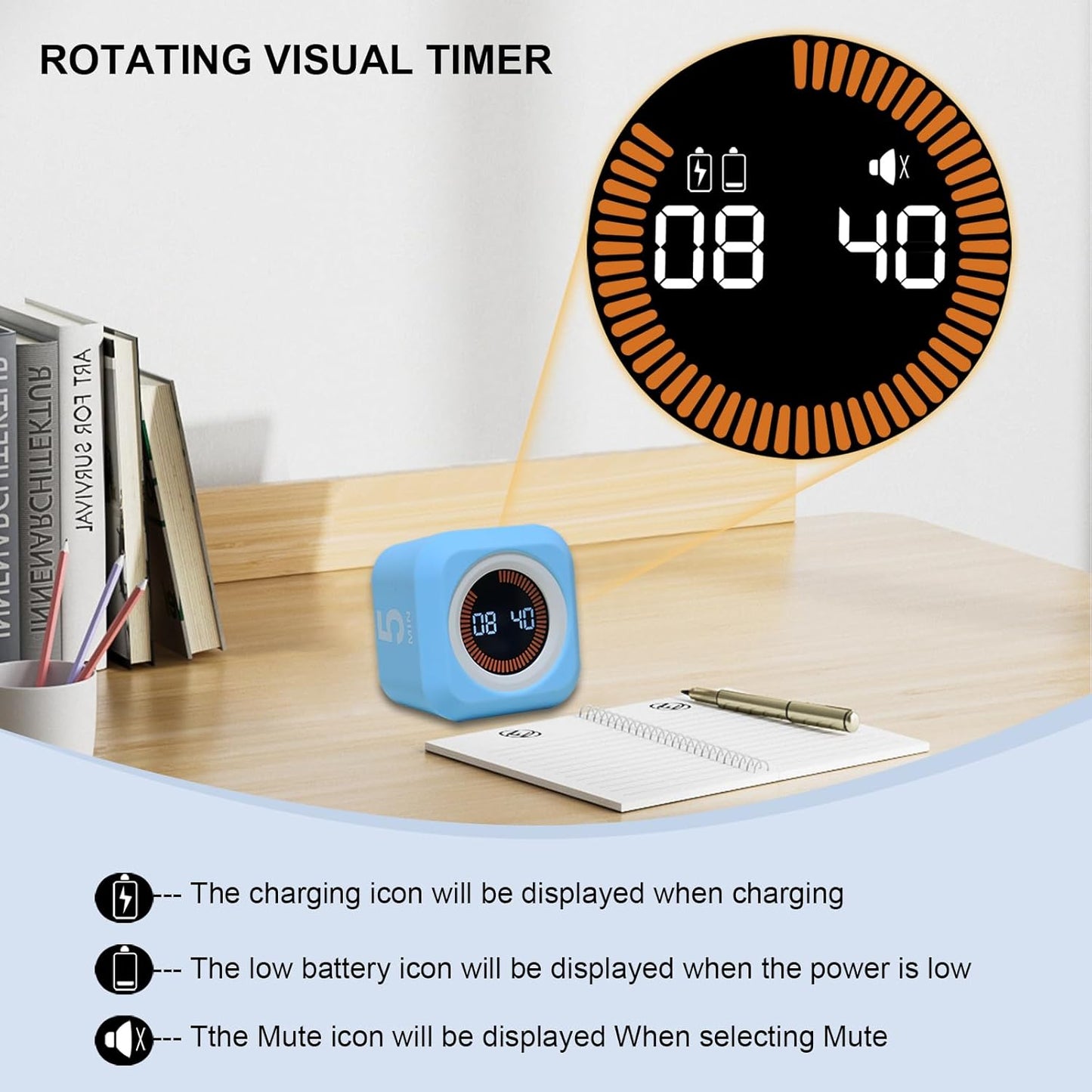 Rotating Cube Pomodoro Visual Timer 5, 25, 10 50 Minutes Preset, Rechargeable Desk Productivity Flip Custom Countdown Timer w/Silicone Cover, Silent Mode for ADHD Study, Work, School(Orange)