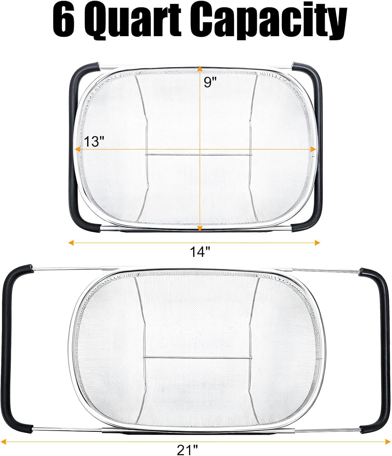 Suwimut 2 Pack Over the Sink Oval Colander for Kitchen, Stainless Steel Fine Mesh 6 Quart Strainer Basket with Expandable Rubber Grip Handles for Straining, Draining, Rinsing Fruits, Vegetables