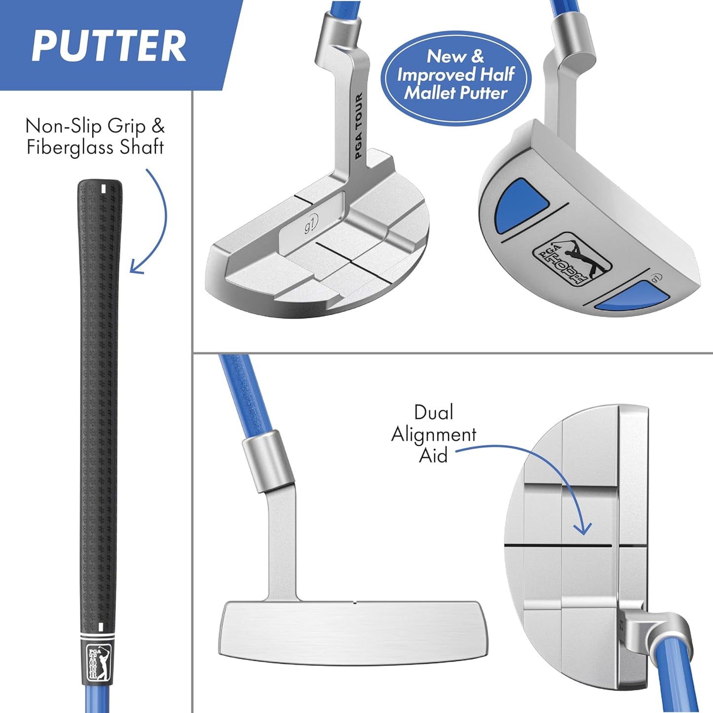 PGA Tour Youth Golf Club Set for Ages 8-12 & 12+ (4’8”–5’10”), Right and Left-Handed Kids Golf Sets – Beginner Junior Golf Clubs with Lightweight Stand Bag, Mallet Putter, Hybrid, Driver