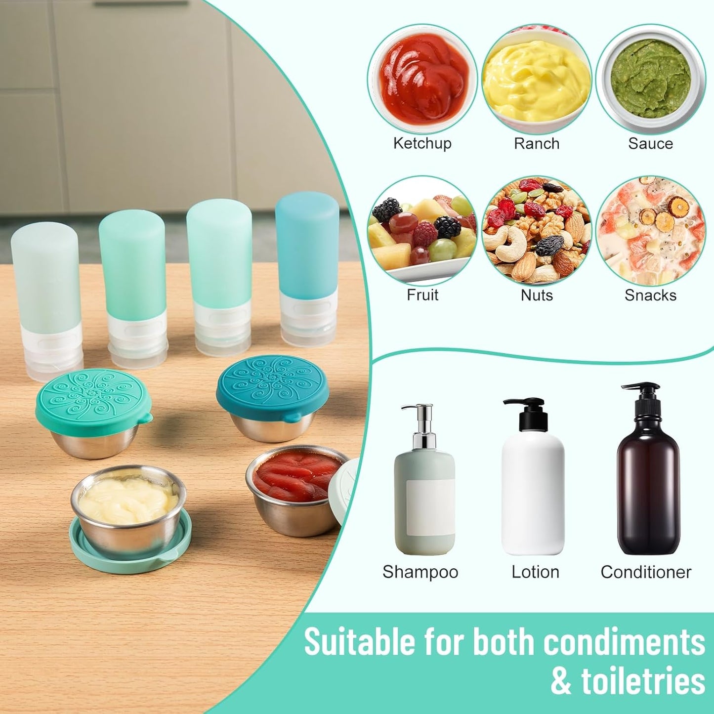 MICEBAY 8-Pack Salad Dressing Container To Go, 2-oz Silicone Small Condiment Squeeze Bottles and 1.6 oz Stainless Steel Sauce Containers Cups, Leakproof Condiment Containers with Lids for Lunch Box