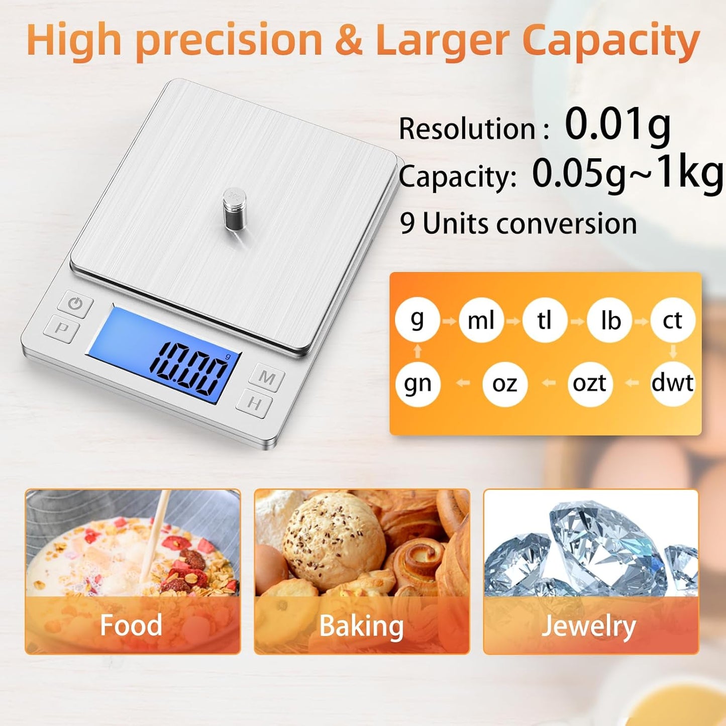 BOMATA 0.01g Small Digital Gram Scale, USB Rechargeable, Upgraded 1kg Jewelry Scale with Larger Display and Hold Function, High Precision, Grams and oz for Herb, Coin, Powder, Yeast, Kitchen Black