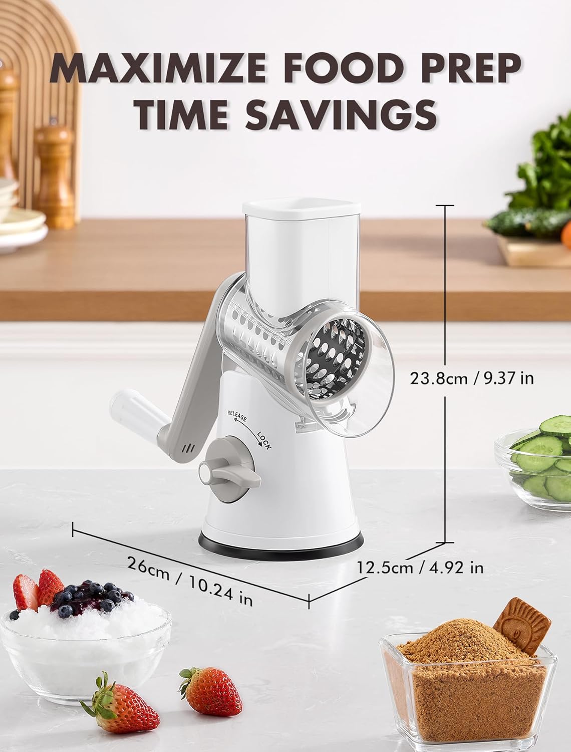 GDL Rotary Cheese Grater Hand Crank with 5 Interchangeable Blades - Upgraded Cheese Shredder Featuring Strong Suction Base for Cheese Shredding, Wavy Slicing, Nut Grinding, Ice Shaving