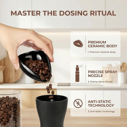 Ceramic Coffee Bean Dosing Cup and Spray Bottle Set, Espresso Bean Measuring Cup with Anti-Static RDT Sprayer Kit for Home Barista and Coffee Lovers