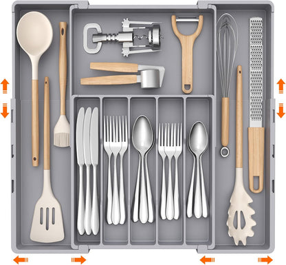 Lifewit Silverware Drawer Organizer, Expandable Utensil Tray for Kitchen, BPA Free Flatware and Cutlery Holder, Adjustable Plastic Storage for Spoons Forks Knives, 4-7 Slots, Black