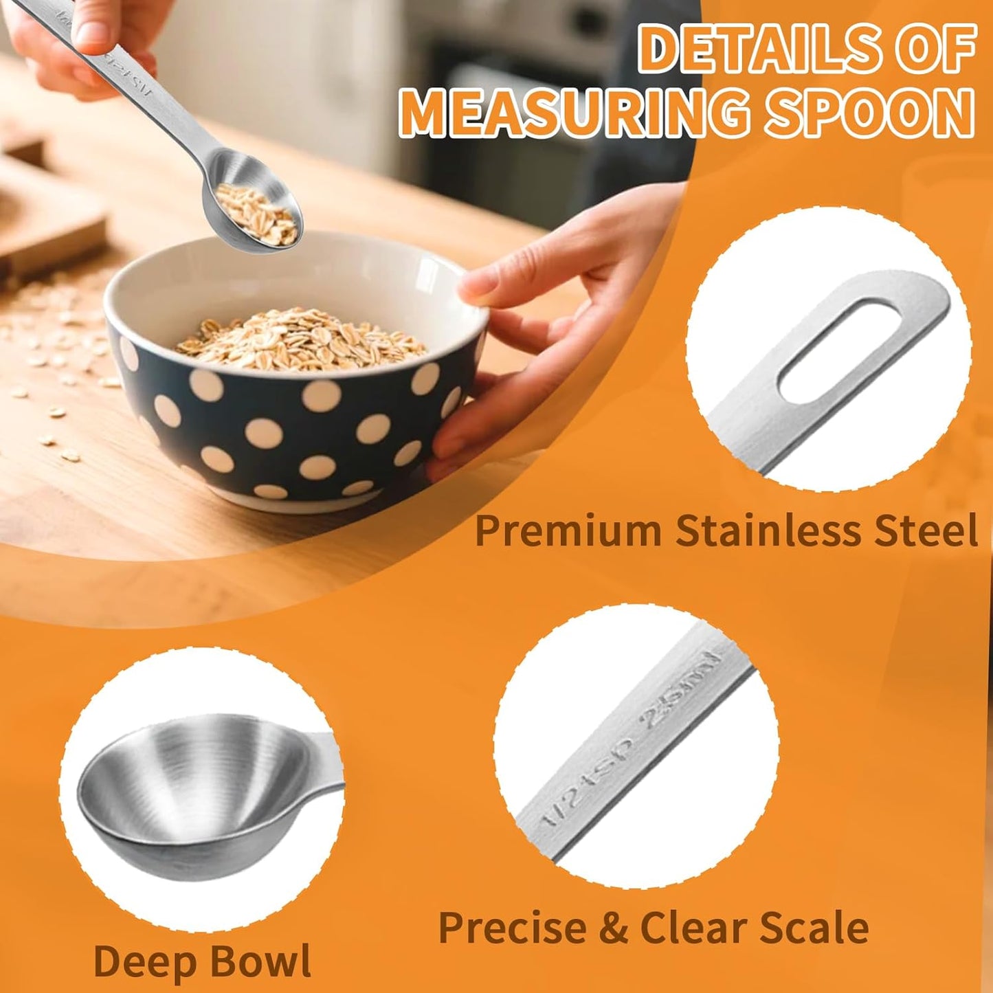 3 Pcs Stainless Steel Measuring Spoons – 5ml/1 Tsp Short Handle Scoops for Baking, Liquid Ingredients & Tea, Soup & Kitchen Cooking