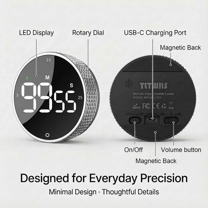 Rechargeable Magnetic Kitchen Timer, LED Countdown/Count-Up Timer, Supports USB-C Charging, with Loud Alarm, 3 Preset Quick Times (5/15/25m), Perfect for Kitchen Cooking, Studying, and Fitness