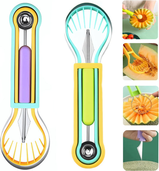 2 PCS Melon Baller Scoop Set, 4 in 1 Stainless Steel Stainless Steel Fruit Tool Set, Fruit Carving Tools for Dig Pulp Separator, Watermelon Cutter Slicer Fruit Scooper (Green + Purple)