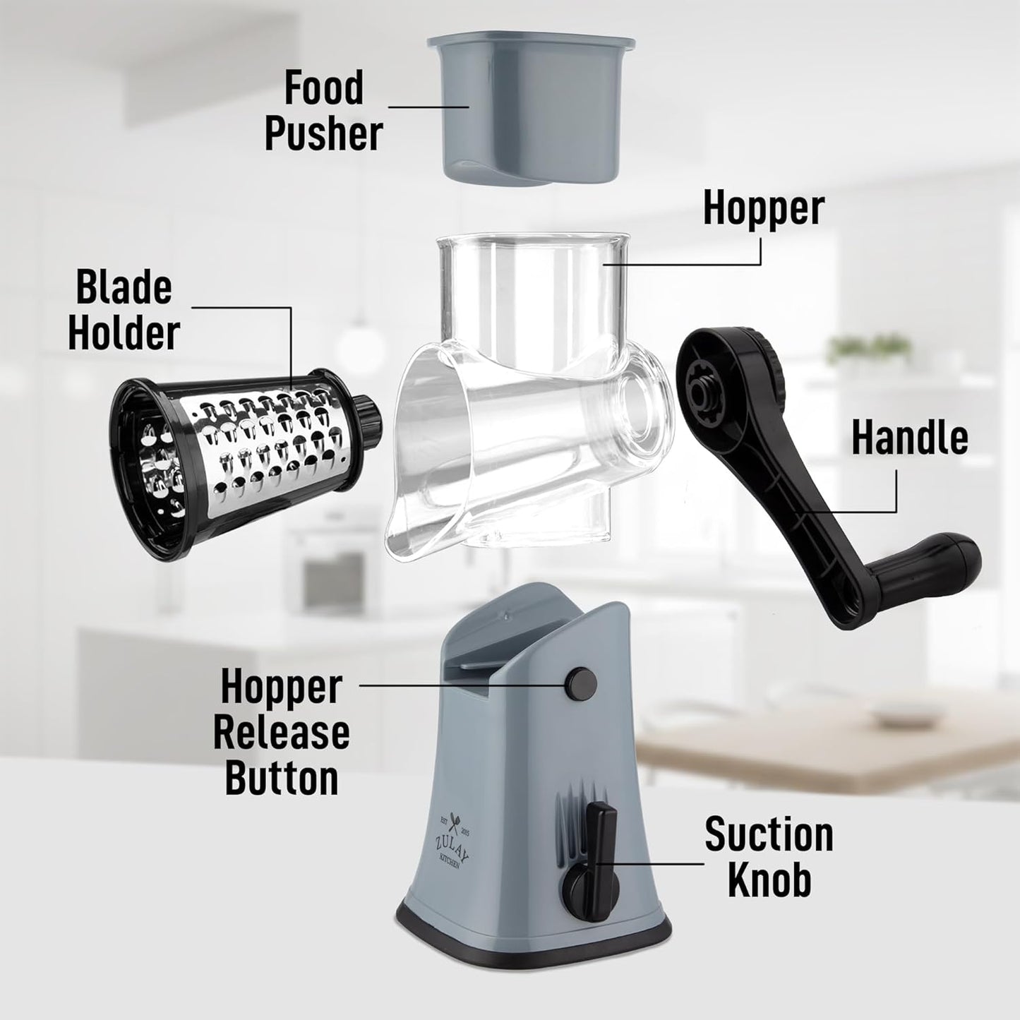 Zulay Kitchen Rotary Cheese Grater 5 Blade Cheese Shredder - Manual Hand Crank Cheese Grater With Reinforced Suction & 5 Interchangeable Drums - Easy to Use, Vegetable Chopper Round Mandoline Slicer - Colors B