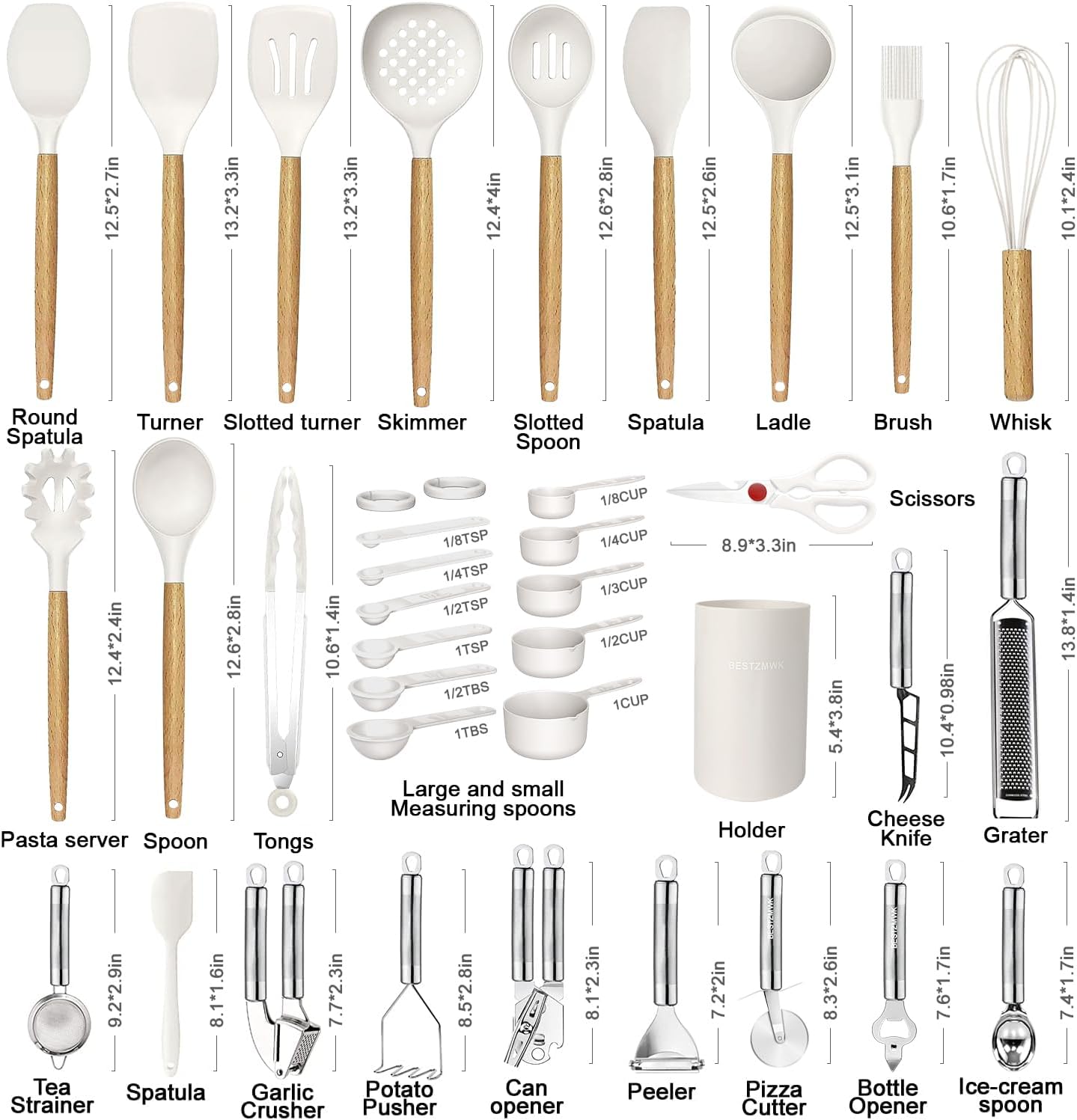 Kitchen Utensils Set- 35 PCs Cooking Utensils with Grater,Tongs, Spoon Spatula &Turner Made of Heat Resistant Food Grade Silicone and Wooden Handles Kitchen Gadgets Tools Set for Nonstick Cookware