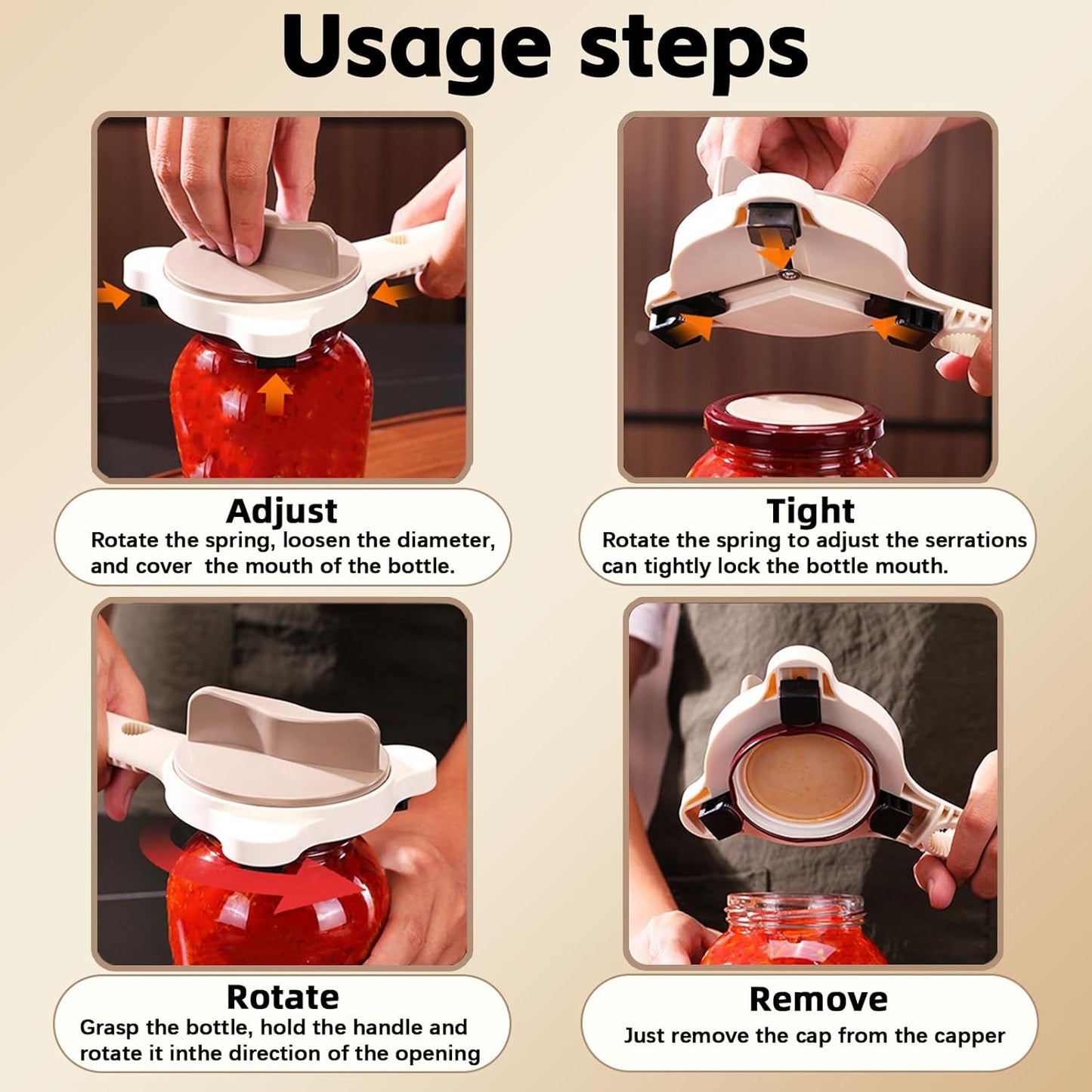 Jar Opener for Seniors, 4 in 1 Multi-Purpose Jar Opener, Adjustable Stainless Steel Lid Remover for Seniors & Arthritis Sufferers, Fits Kitchen Jars, Bottles &Cans, Home Kitchen Helper