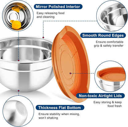 TeamFar Mixing Bowls with Airtight Lids, 5PCS Stainless Steel Metal Salad Bowl with 3 Grater Attachments, for Cooking, Prepping, Serving, Healthy & Easy Clean - 0.7/1/1.5/2.6/4.6QT, Khaki