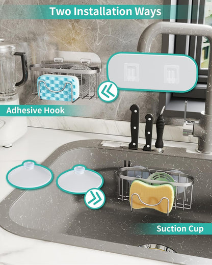 HapiRm Multifunctional Sponge Holder with Unique M-Shaped, 2 Installation Methods Kitchen Sink Caddy Organizer, Rustproof Stainless Steel Kitchen Organizers and Storage Essentials - Black