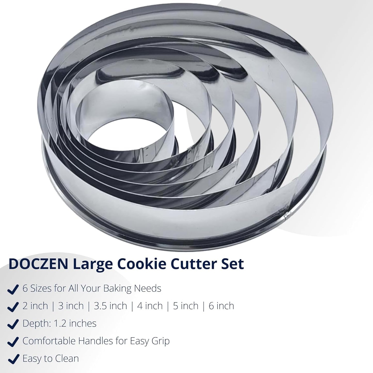 Doczen Large Cookie Cutter Set, 6-Piece Stainless Steel Biscuit Cutters, Heavy Duty Metal Ring for Burger Press & Meat Shaping, Tortilla Crust & Clay Pottery Cutting Tool