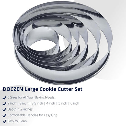Doczen Large Cookie Cutter Set, 6-Piece Stainless Steel Biscuit Cutters, Heavy Duty Metal Ring for Burger Press & Meat Shaping, Tortilla Crust & Clay Pottery Cutting Tool
