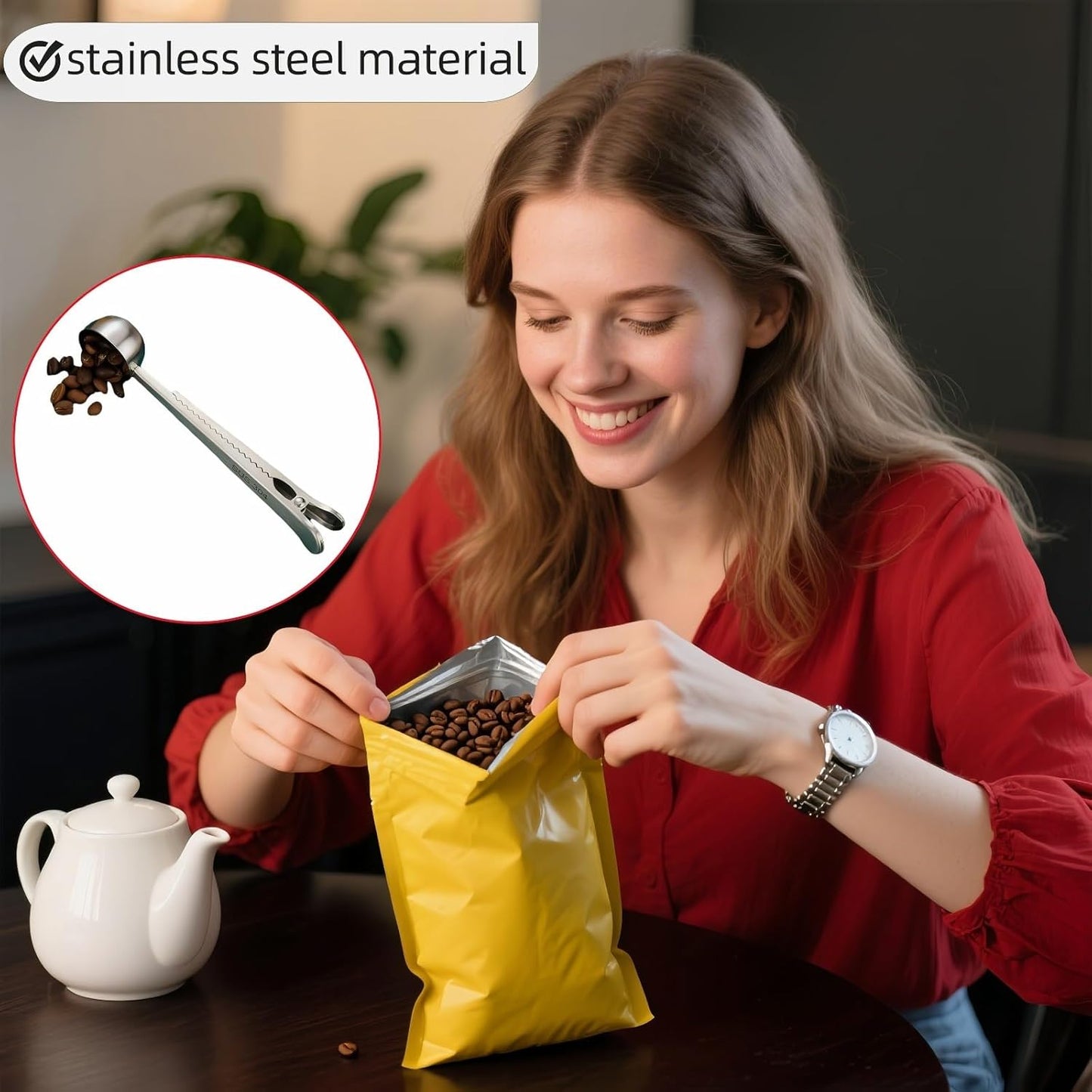Stainless Steel Coffee Scoop&Seal Clip,2-in-1 Measuring Spoon for Ground Coffee,Tea, Sugar,Airtight Kitchen Storage,Dishwasher Safe,6.69-inch Length,Serrated Sealing Clip