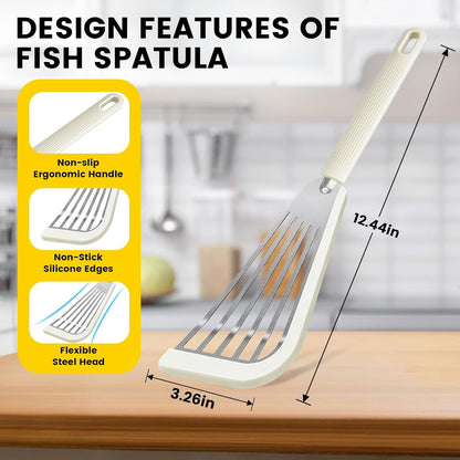 Silicone Fish Spatula, Heat Resistant Silicone Edge for Nonstick Cookware, Fish Turner for Kitchen Use, Flexible and Thin Stainless Steel Cooking utensils, Perfect Slotted Spatula for Egg, Pancake