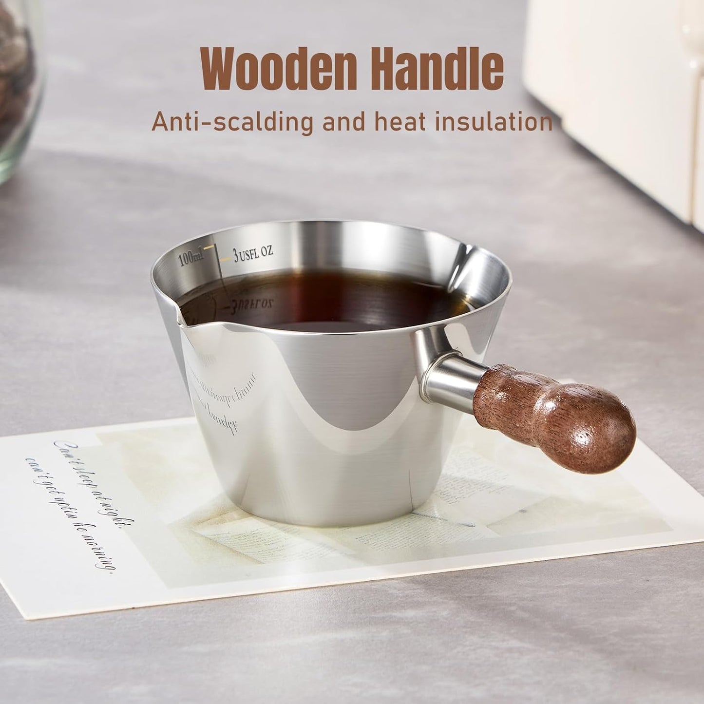Baalaka Stainless Steel Espresso Cups Set of 2, 3 OZ Double Spout Glass Measuring Cup with Handle, Milk Frothing Pitcher with Spout & Scale, Espresso Accessories for Coffee, Latte Art and Kitchen Use