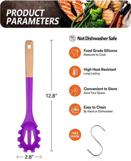 Silicone Pasta Fork, Kitchen Heat Resistant Noodle Spoon Server, BPA Free Spaghetti Strainer,12.8 inch (Khaki)